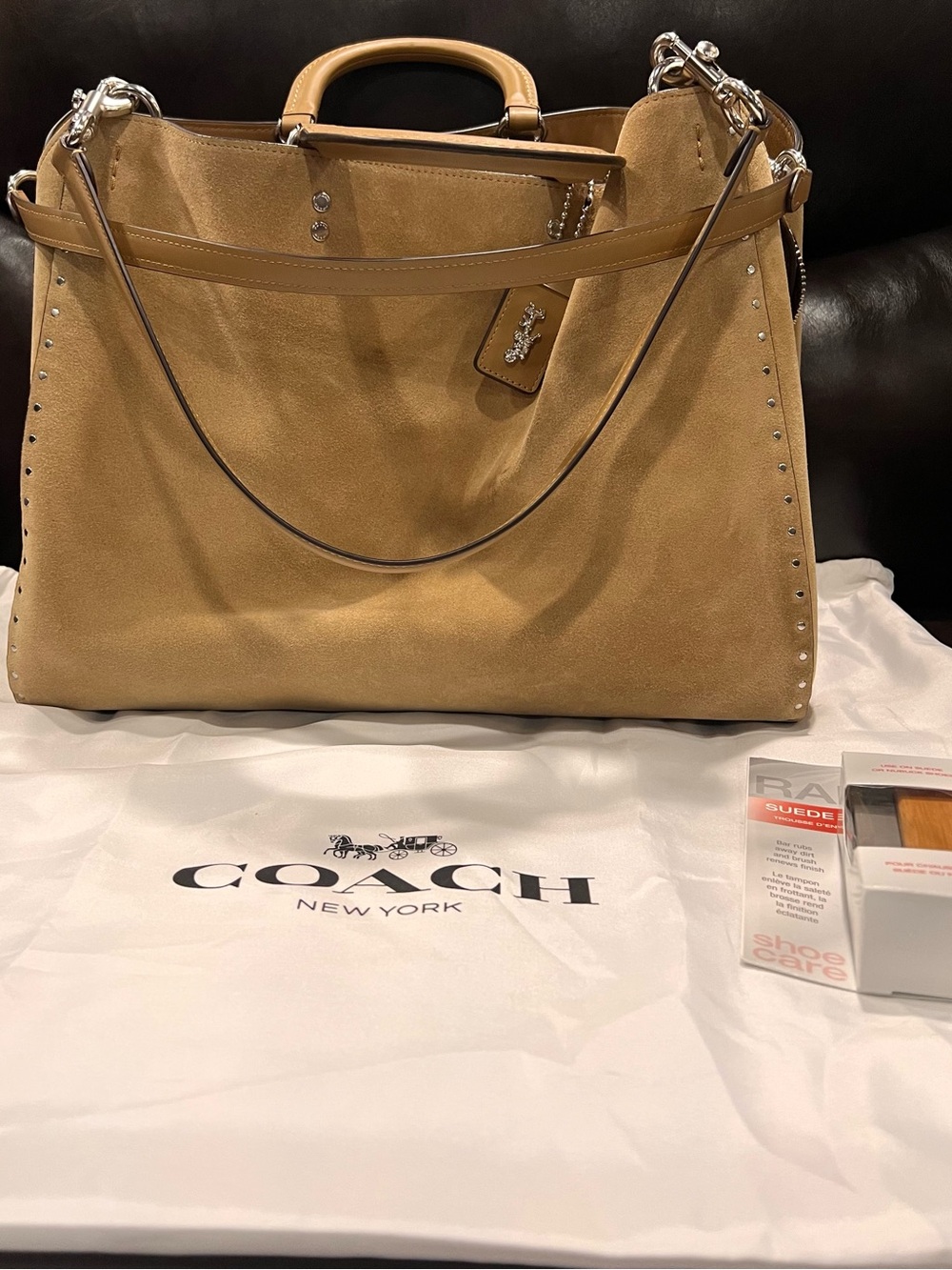 Coach Tan Suede Tote with Leather Trim and Silver Studs